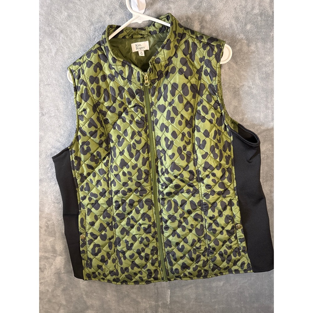 Kim Rogers Womens XL Olive Green Leopard Print Quilted Puffer Vest Full Zip Mock